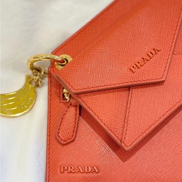 Prada Orange Saffiano Leather Banana Charm Keychain Wallet Card Case - Picture 2 of 9
